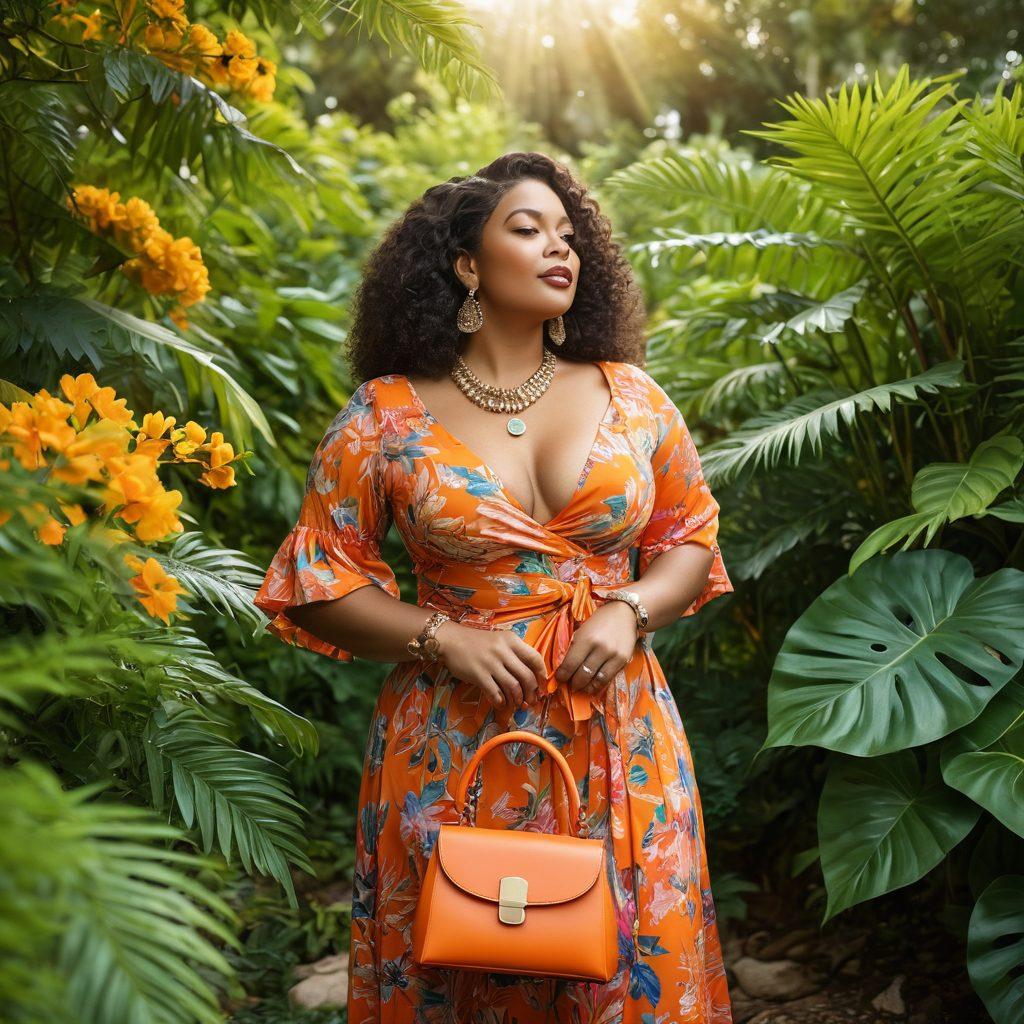 A confident, curvy woman wearing a stylish outfit, surrounded by lush greenery and elegant wellness products, radiating self-love and empowerment. Soft sunlight filters through leaves, highlighting her joyful expression and the vibrant colors of her attire. Incorporate elements of luxury like a chic handbag and tasteful jewelry to accentuate glamour. super-realistic. vibrant colors. nature-inspired.