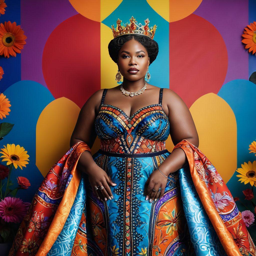 A confident modern queen standing tall in front of a vibrant, colorful fashion backdrop, showcasing diverse body shapes and styles. The queen wears a stunning outfit that celebrates body positivity, with accessories that symbolize empowerment. Include elements like crowns, flowers, and mirrors reflecting self-love. Bright and bold colors with an uplifting atmosphere. super-realistic. vibrant colors.
