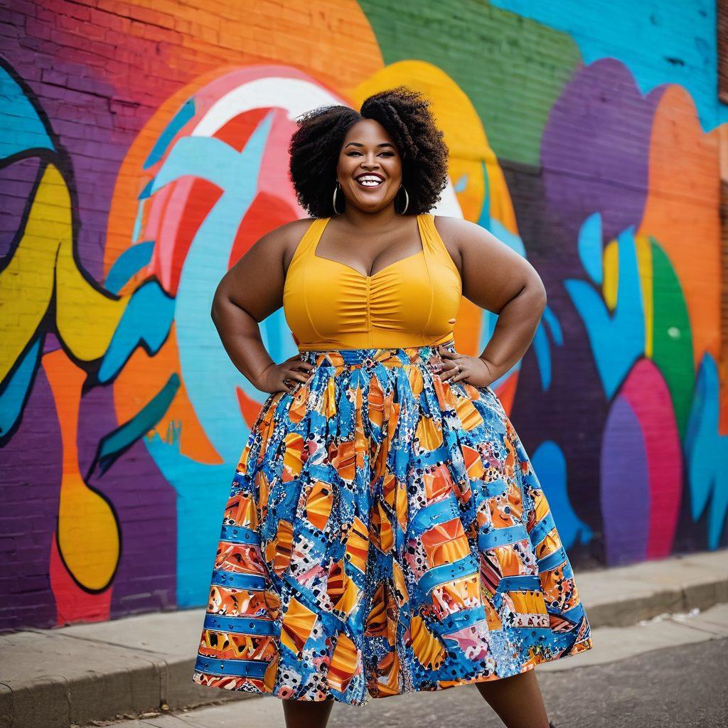 A confident plus-size woman wearing a stylish, colorful outfit that accentuates her curves, standing proudly in a vibrant urban setting with murals celebrating body positivity in the background. Surround her with diverse group of women of all body shapes, laughing and enjoying life together. Highlight their radiant smiles and joyful expressions. The scene should exude empowerment and community. vibrant colors. super-realistic.